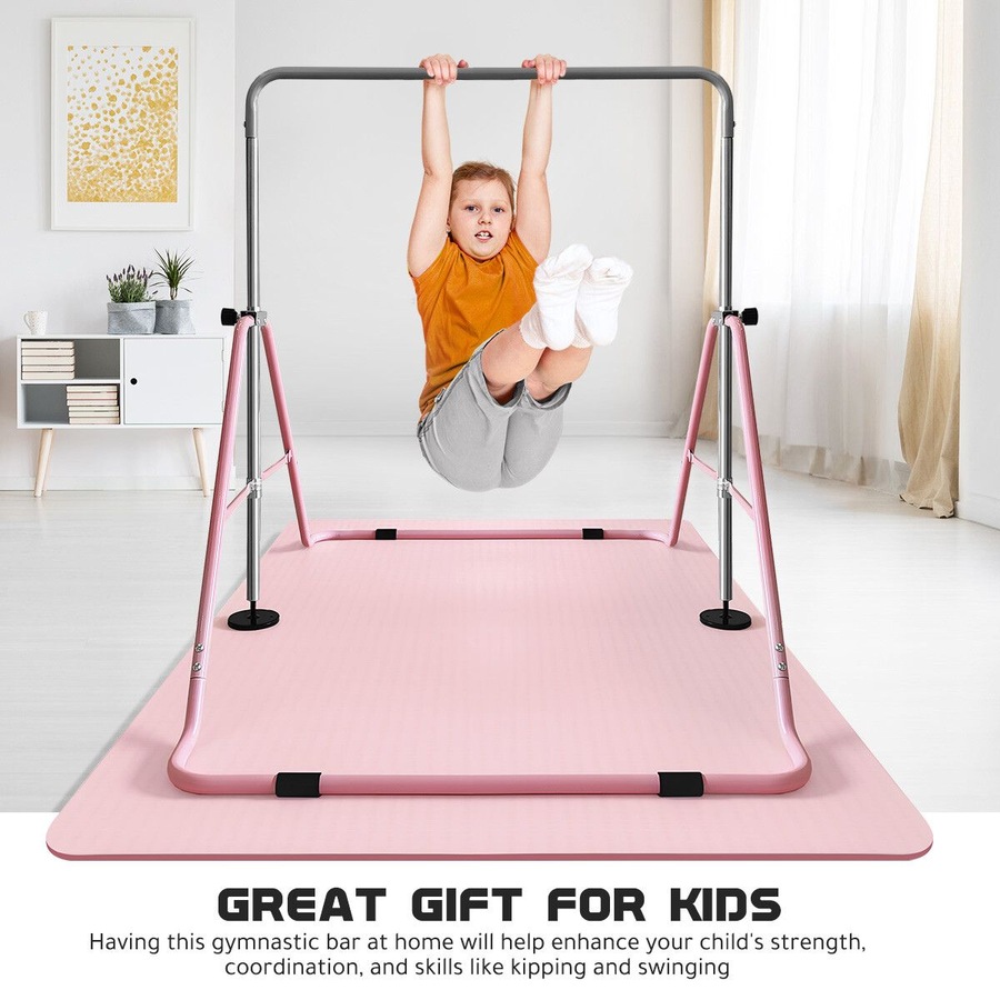 Kids Gymnastics Bars Home Gym Training Workout Equipment Horizontal Kip Sport Monkey with Pink TPE Mat Height Adjustable Folding Expandable Childrens