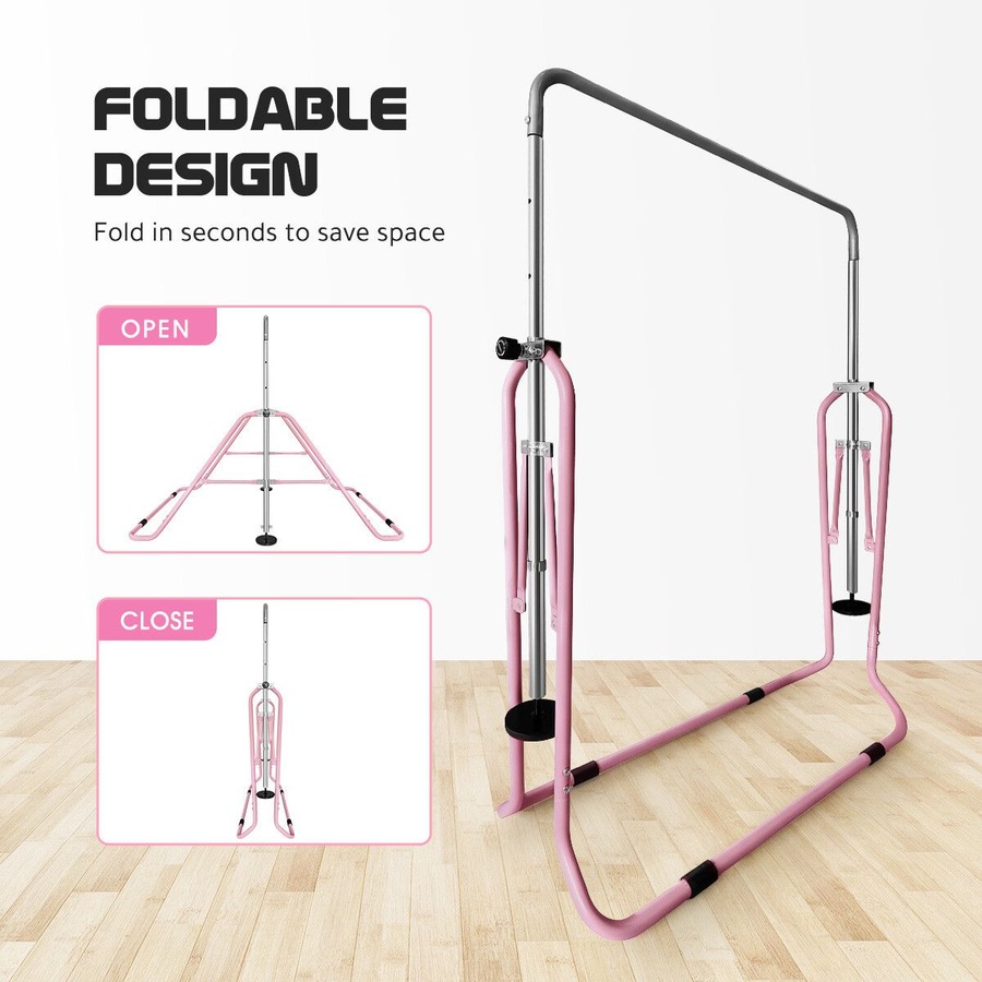 Kids Gymnastics Bars Home Gym Training Workout Equipment Horizontal Kip Sport Monkey with Pink TPE Mat Height Adjustable Folding Expandable Childrens
