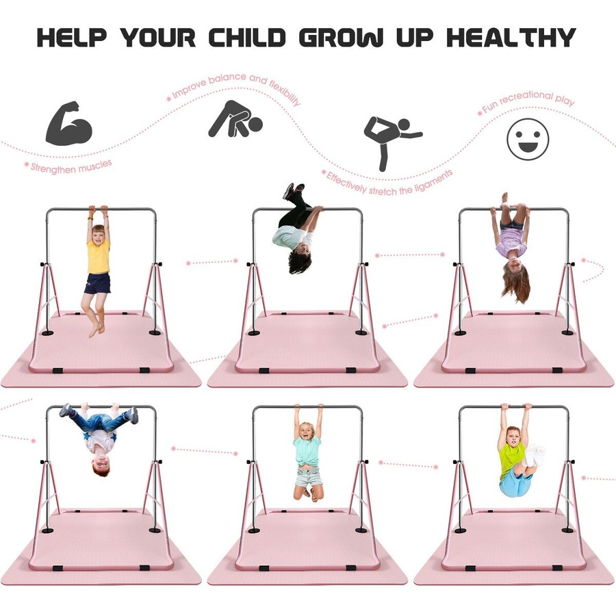 Kids Gymnastics Bars Home Gym Training Workout Equipment Horizontal Kip Sport Monkey with Pink TPE Mat Height Adjustable Folding Expandable Childrens