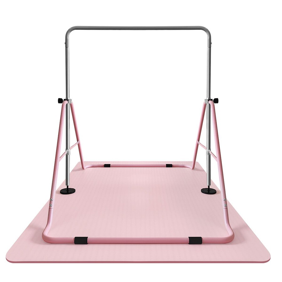 Kids Gymnastics Bars Home Gym Training Workout Equipment Horizontal Kip Sport Monkey with Pink TPE Mat Height Adjustable Folding Expandable Childrens