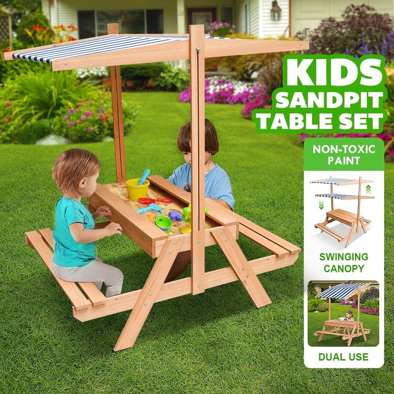 Buy Kids Sandpit & Picnic Wooden Table Set Megaplay With Canopy - MyDeal