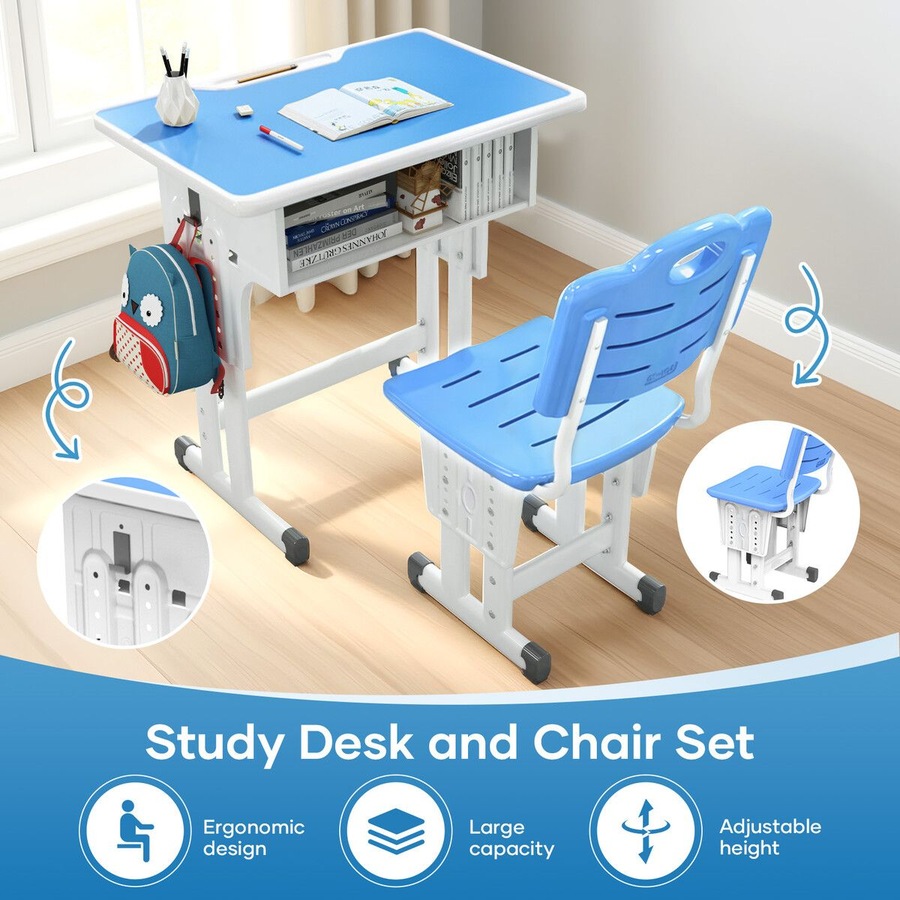 Kids Study Desk and Chair Set Height Adjustable Ergonomic Table Childrens School Student Writing Classroom Computer Seat Open Storage Drawer Side Hook