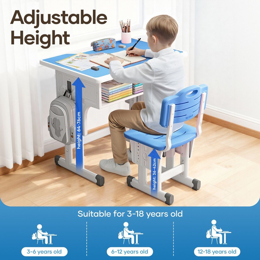 Kids Study Desk and Chair Set Height Adjustable Ergonomic Table Childrens School Student Writing Classroom Computer Seat Open Storage Drawer Side Hook