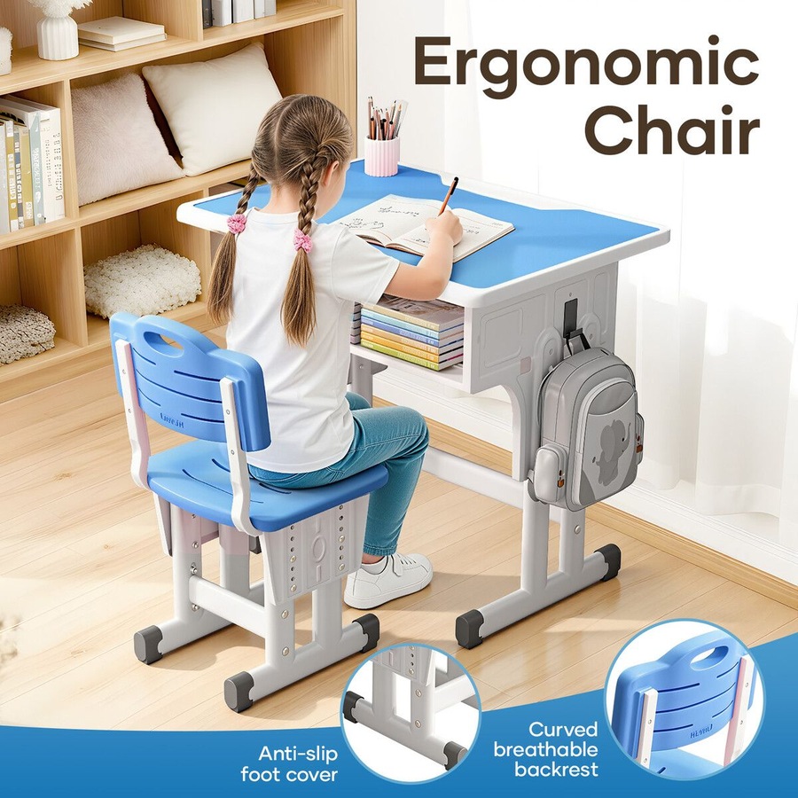 Kids Study Desk and Chair Set Height Adjustable Ergonomic Table Childrens School Student Writing Classroom Computer Seat Open Storage Drawer Side Hook