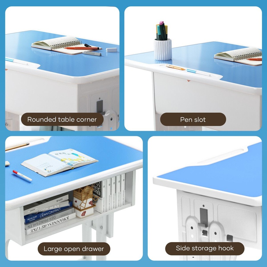 Kids Study Desk and Chair Set Height Adjustable Ergonomic Table Childrens School Student Writing Classroom Computer Seat Open Storage Drawer Side Hook