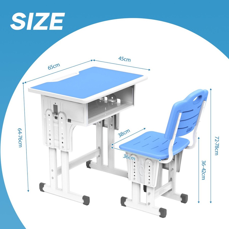 Kids Study Desk and Chair Set Height Adjustable Ergonomic Table Childrens School Student Writing Classroom Computer Seat Open Storage Drawer Side Hook