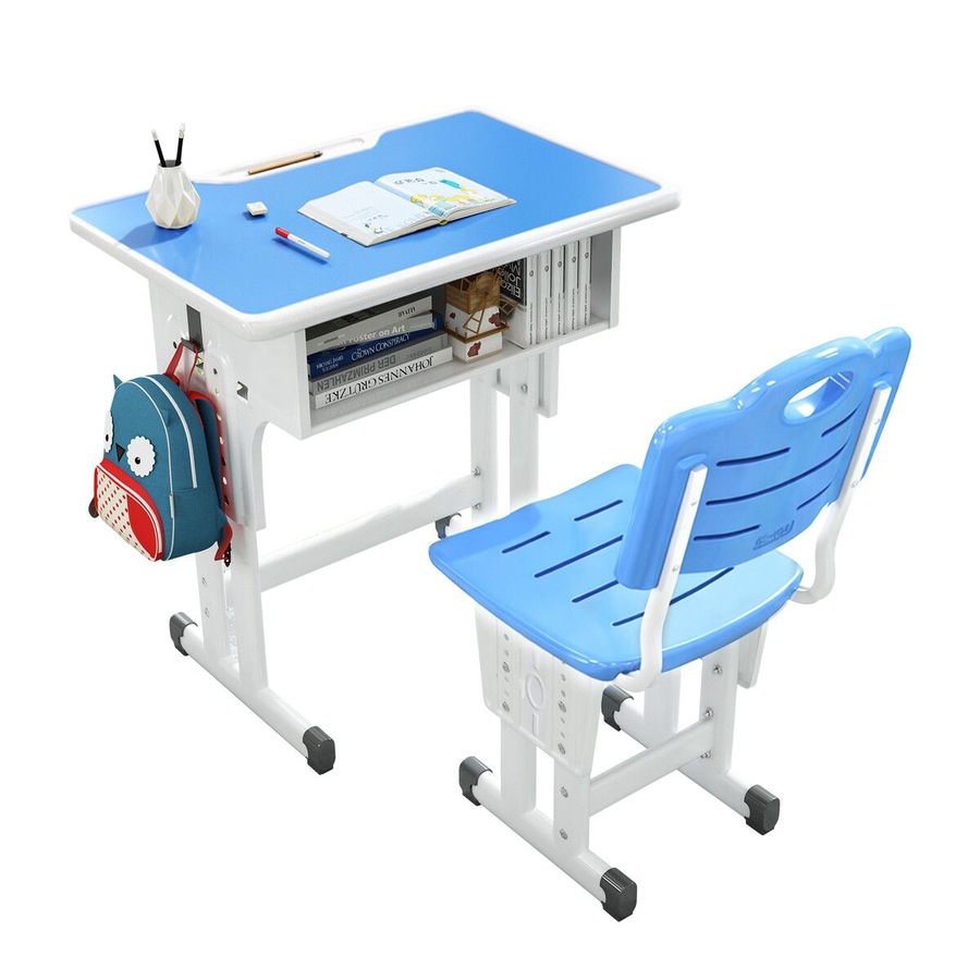 Kids Study Desk and Chair Set Height Adjustable Ergonomic Table Childrens School Student Writing Classroom Computer Seat Open Storage Drawer Side Hook
