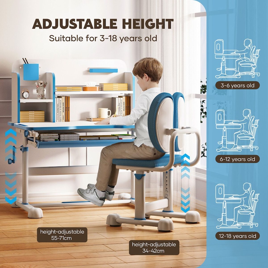 Kids Study Desk Chair Set Ergonomic School Student Table Height Adjustable Seat with Tilt Desktop Storage Shelf Drawer for Writing Drawing Learning