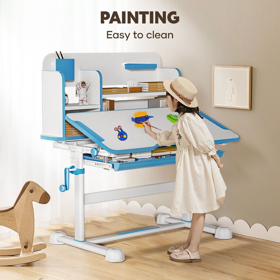 Kids Study Desk Chair Set Ergonomic School Student Table Height Adjustable Seat with Tilt Desktop Storage Shelf Drawer for Writing Drawing Learning