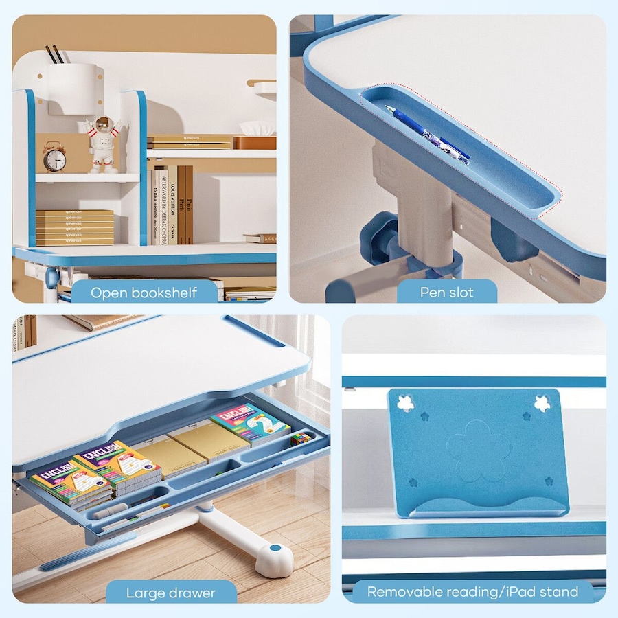 Kids Study Desk Chair Set Ergonomic School Student Table Height Adjustable Seat with Tilt Desktop Storage Shelf Drawer for Writing Drawing Learning
