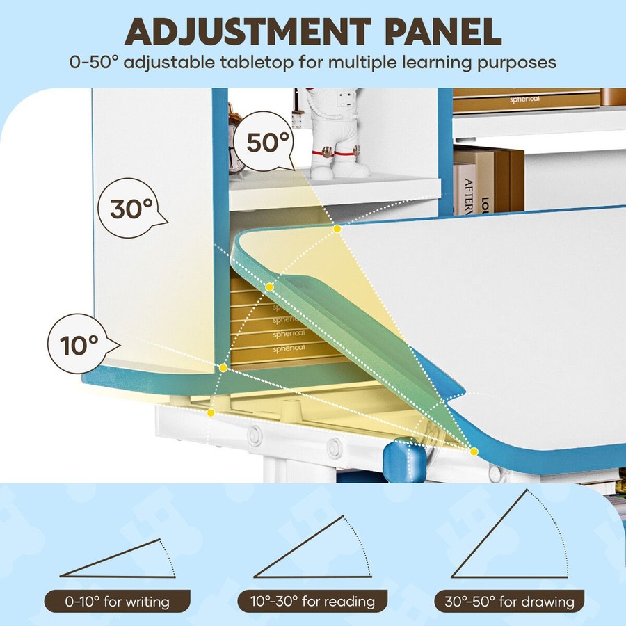 Kids Study Desk Chair Set Ergonomic School Student Table Height Adjustable Seat with Tilt Desktop Storage Shelf Drawer for Writing Drawing Learning