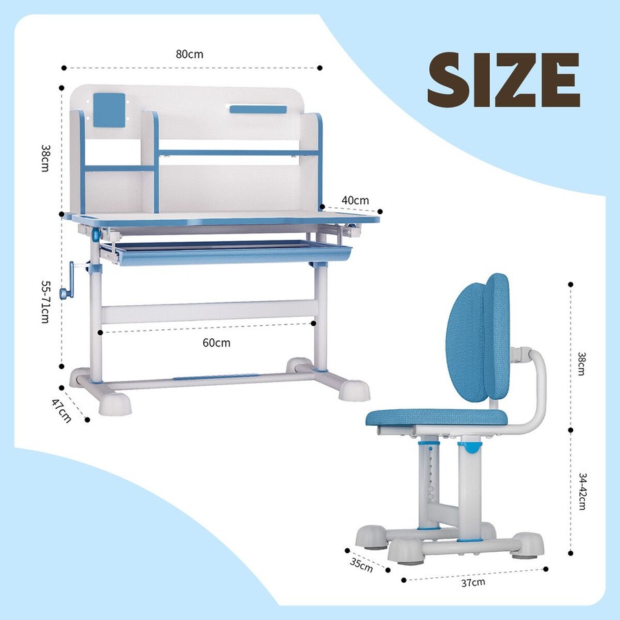 Kids Study Desk Chair Set Ergonomic School Student Table Height Adjustable Seat with Tilt Desktop Storage Shelf Drawer for Writing Drawing Learning