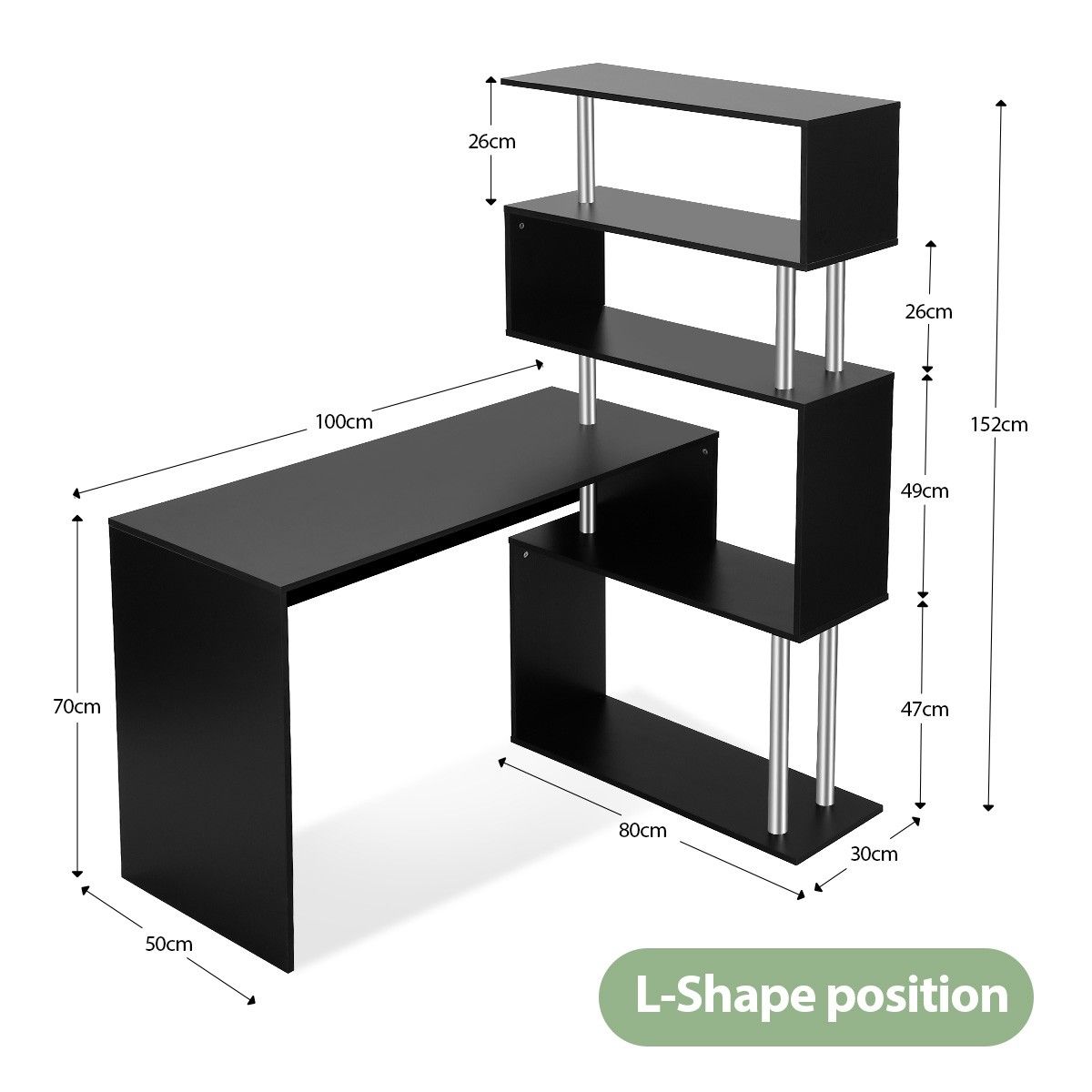 L-Shaped Rotating Home Office Desk Corner PC Computer Table 4 Tier Bookshelf Storage Black