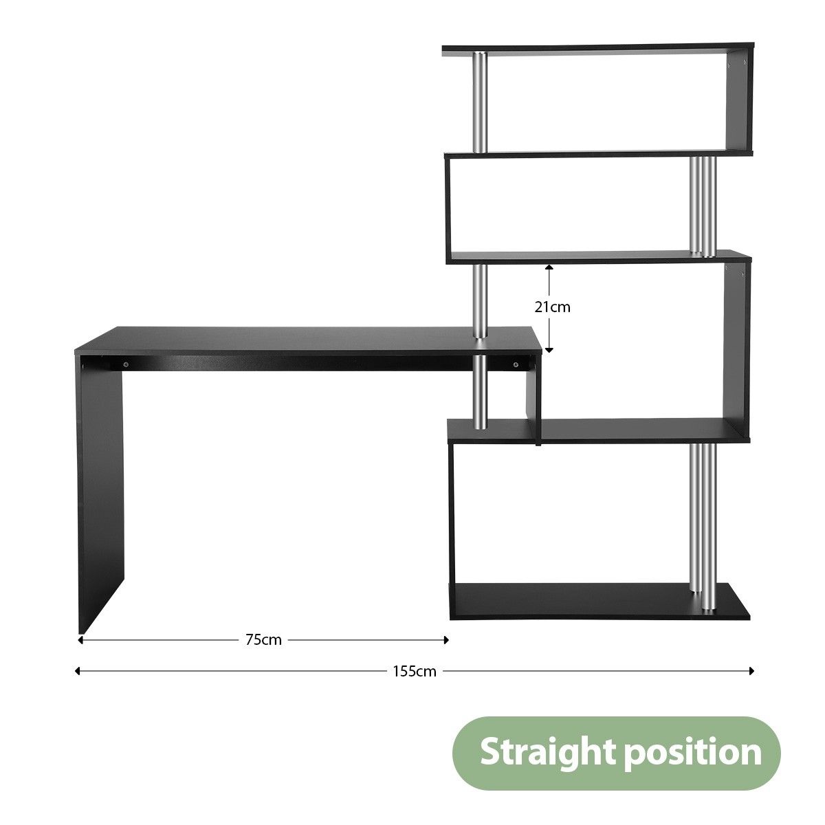 L-Shaped Rotating Home Office Desk Corner PC Computer Table 4 Tier Bookshelf Storage Black