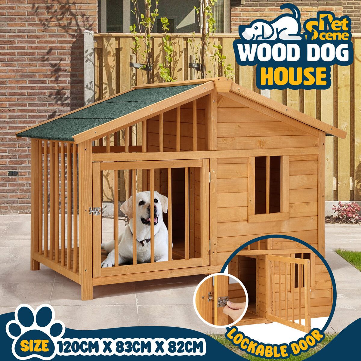 Buy Large Dog House Kennel Crate Box Wooden Cabin Raised Cat Puppy Cage Pet House Shelter Outdoor Villa Porch Weatherproof Asphalt Roof Door Lock MyDeal