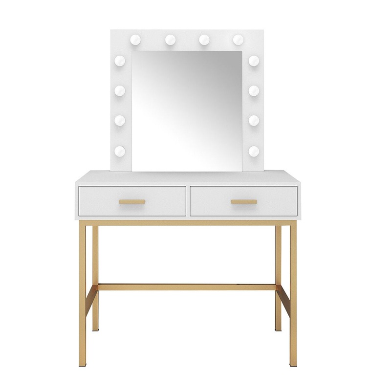 White Dressing Table Dresser Vanity Makeup Table with 12 LED Lighted Mirror and Four Drawers
