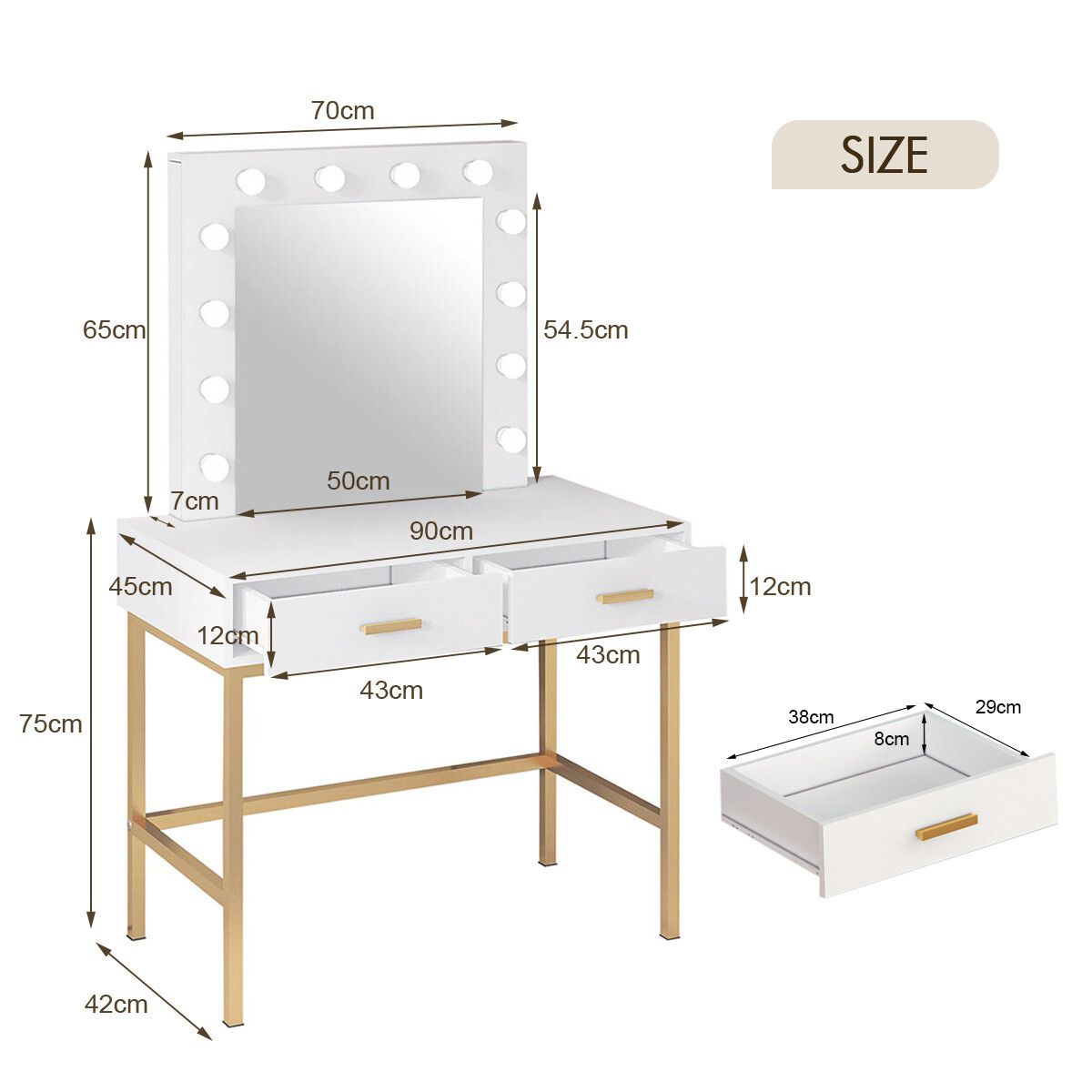 white large dressing table with mirror and led lights