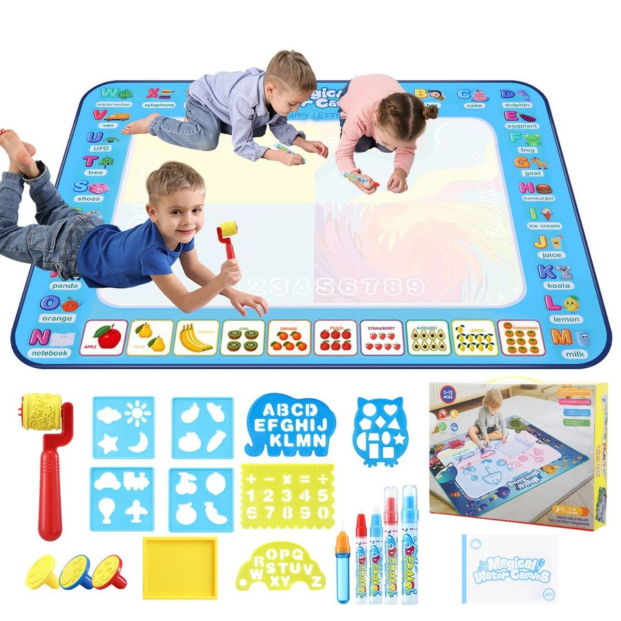 Large Water Doodle Mat Kids Painting Drawing Writing Board Colour Magic Pens Stamps Aqua DIY Craft Canvas Cartoon Rug Carpet Educational Toy 150x100cm