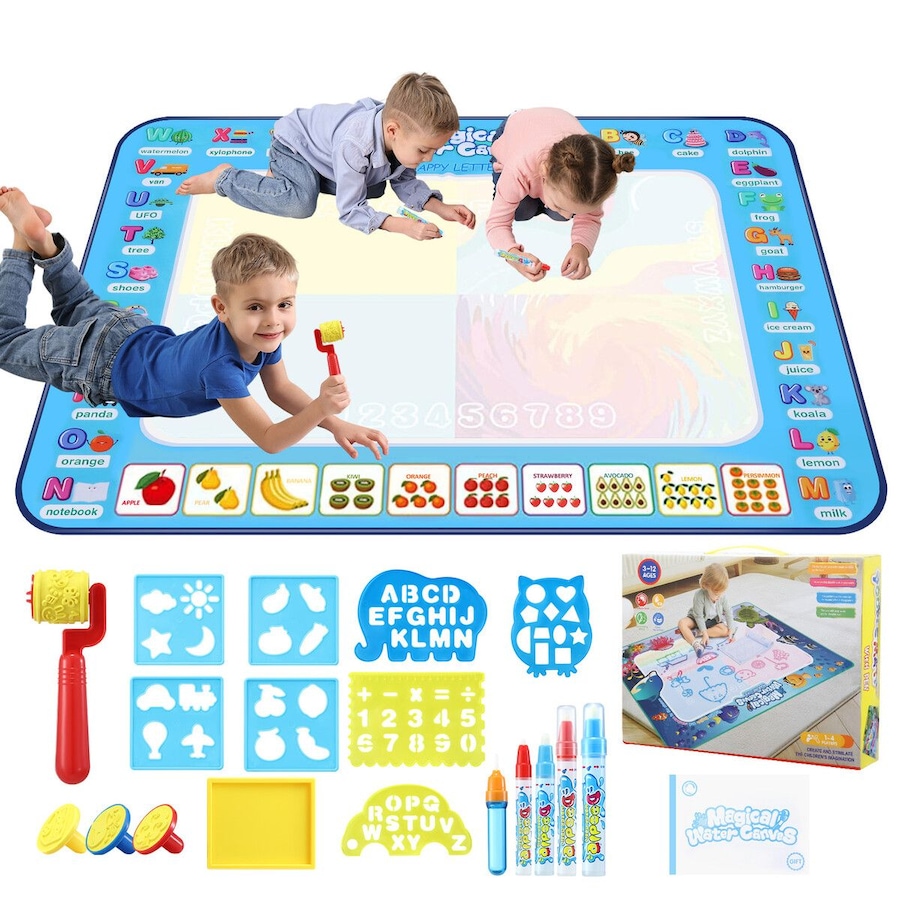 Large Water Doodle Mat Kids Painting Drawing Writing Board Colour Magic Pens Stamps Aqua DIY Craft Canvas Cartoon Rug Carpet Educational Toy 150x100cm