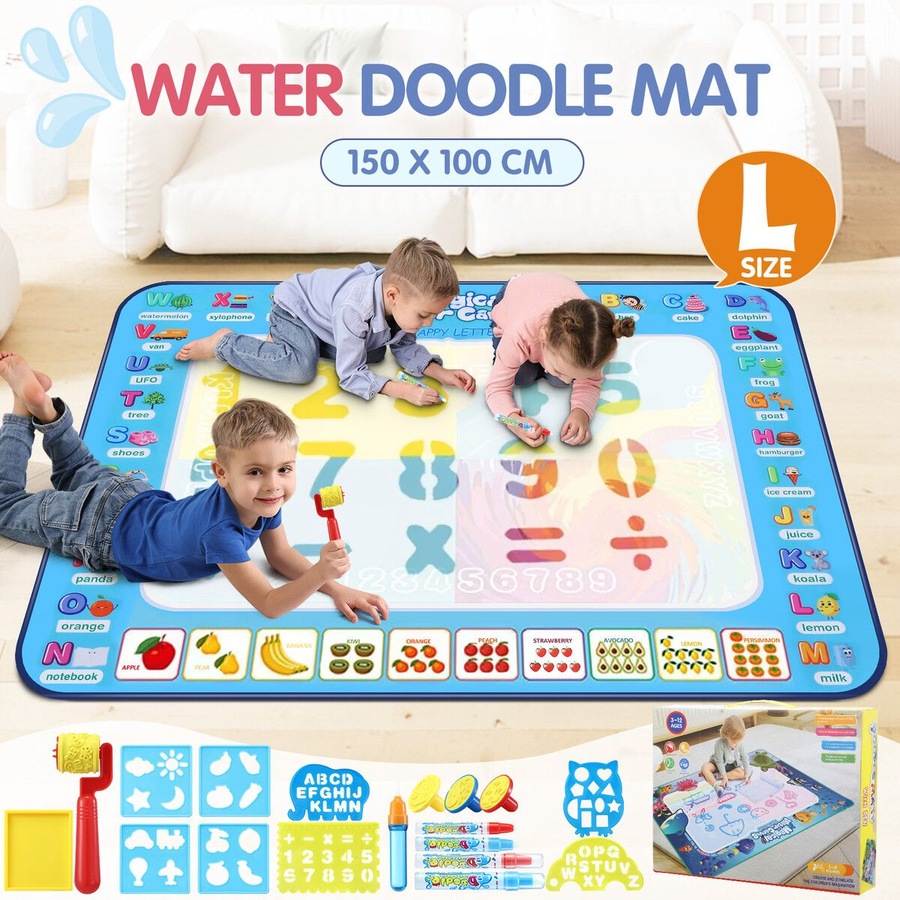 Large Water Doodle Mat Kids Painting Drawing Writing Board Colour Magic Pens Stamps Aqua DIY Craft Canvas Cartoon Rug Carpet Educational Toy 150x100cm