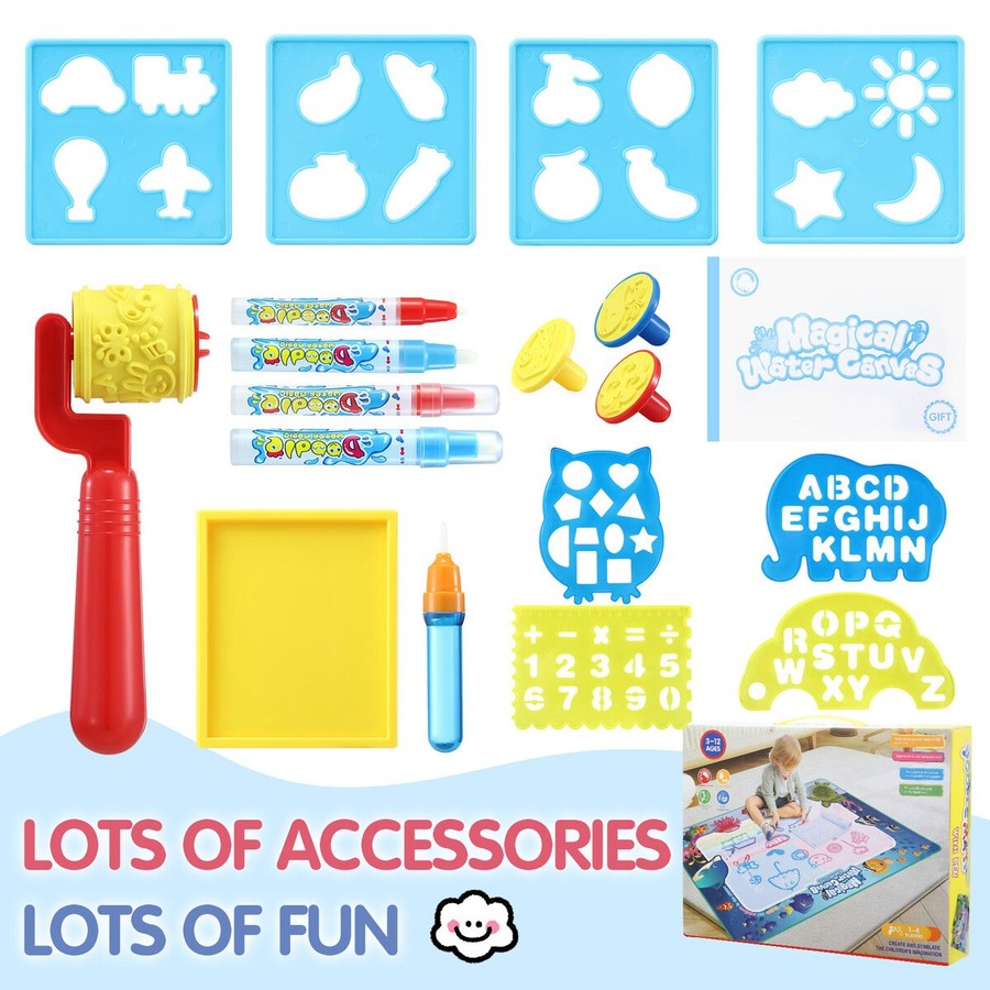 Large Water Doodle Mat Kids Painting Drawing Writing Board Colour Magic Pens Stamps Aqua DIY Craft Canvas Cartoon Rug Carpet Educational Toy 150x100cm