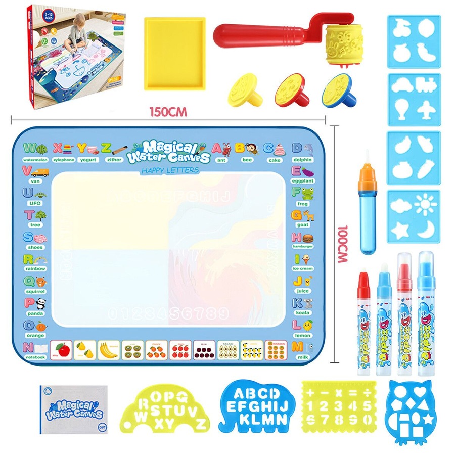 Large Water Doodle Mat Kids Painting Drawing Writing Board Colour Magic Pens Stamps Aqua DIY Craft Canvas Cartoon Rug Carpet Educational Toy 150x100cm