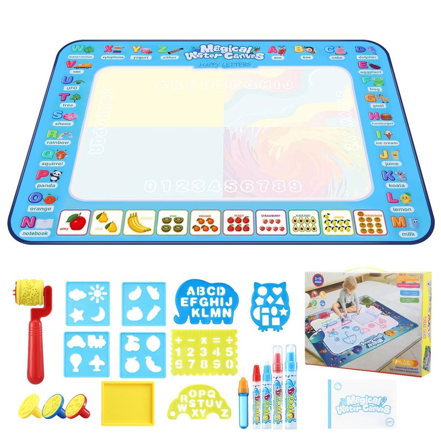 Large Water Doodle Mat Kids Painting Drawing Writing Board Colour Magic Pens Stamps Aqua DIY Craft Canvas Cartoon Rug Carpet Educational Toy 150x100cm