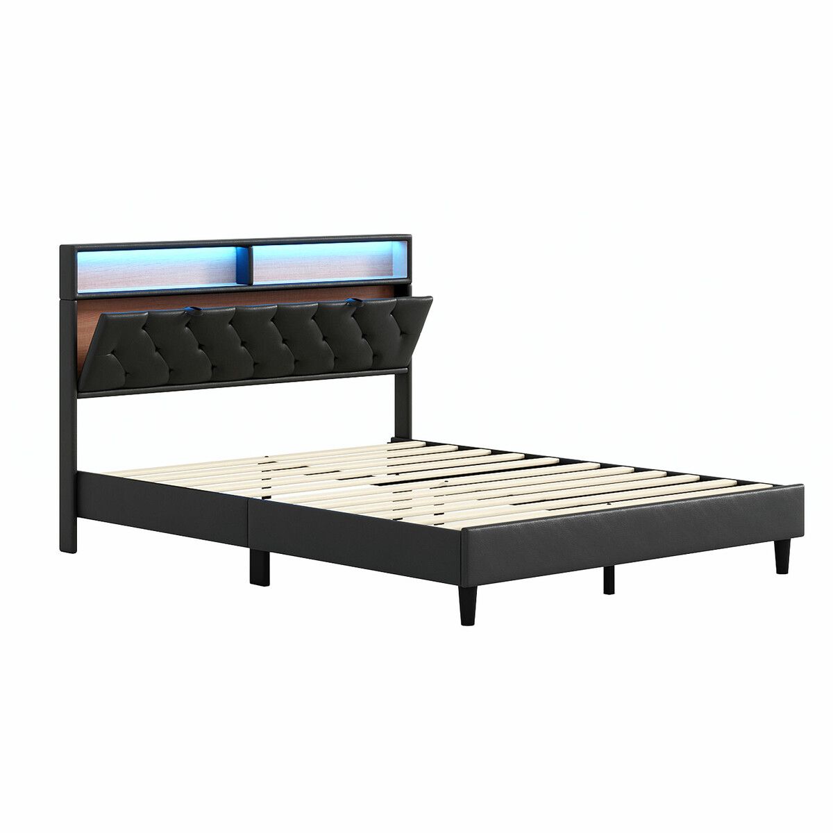 Led Bed Frame Queen Size Mattress Base Platform with Storage Headboard Wooden Bedhead Foundation Shelf Bookcase Bedroom Furniture Black PU