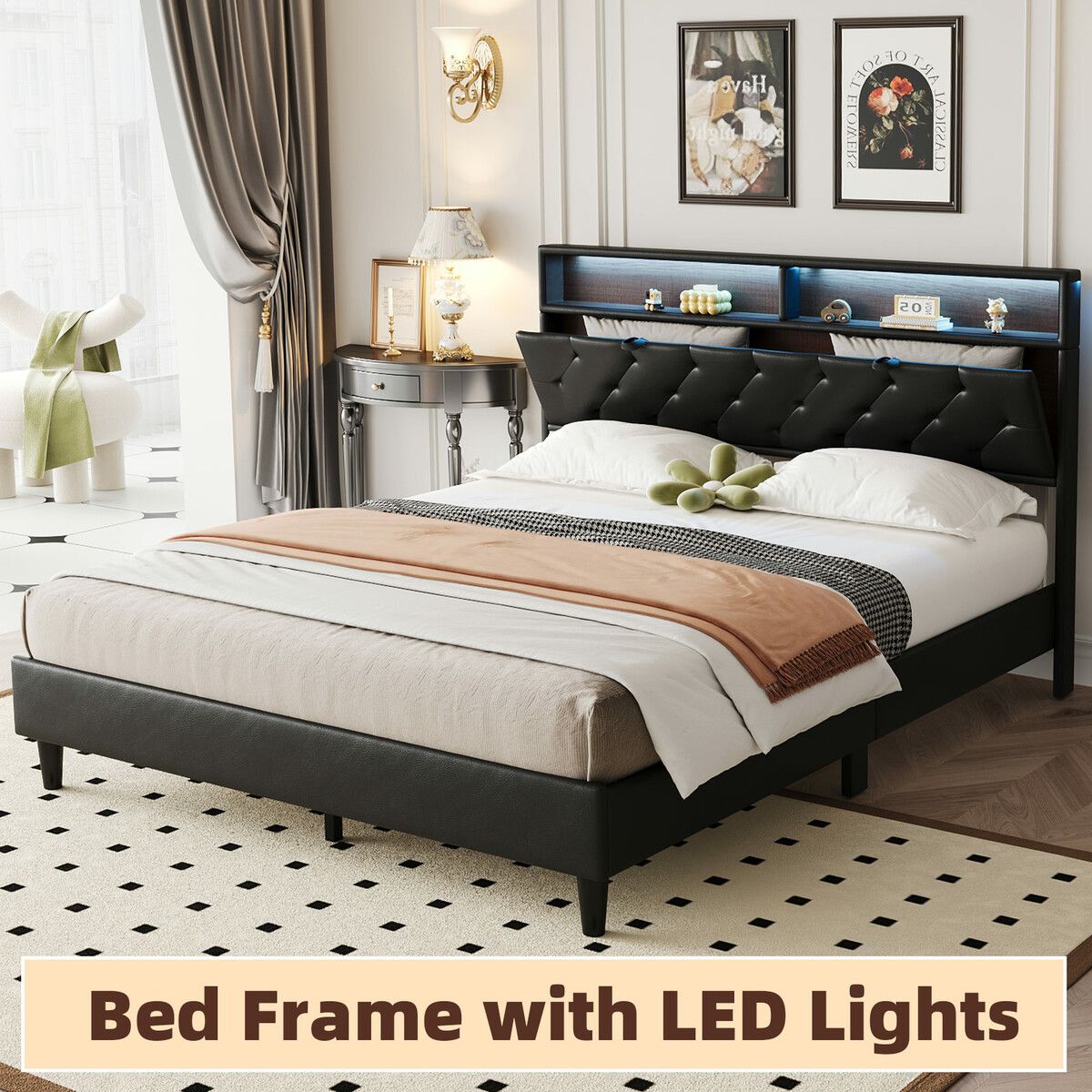Led Bed Frame Queen Size Mattress Base Platform with Storage Headboard Wooden Bedhead Foundation Shelf Bookcase Bedroom Furniture Black PU