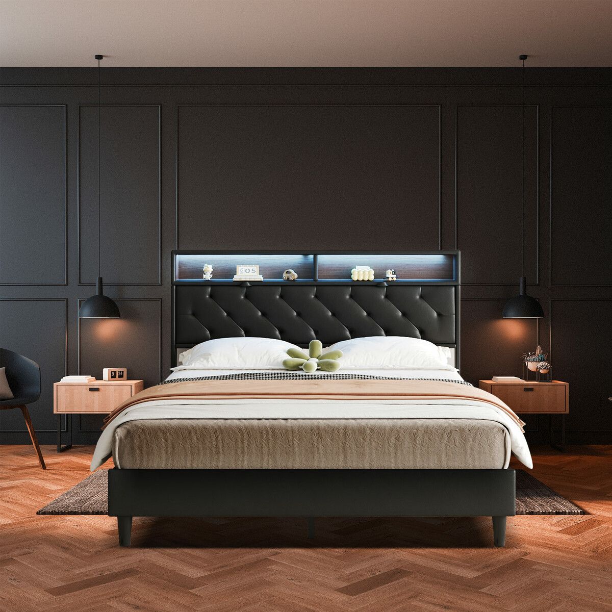 Led Bed Frame Queen Size Mattress Base Platform with Storage Headboard Wooden Bedhead Foundation Shelf Bookcase Bedroom Furniture Black PU