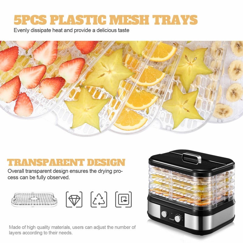 Large Drying Capacity Food Fruit Dehydrator with 5pcs Movable Trays - 14 x  12 x 9