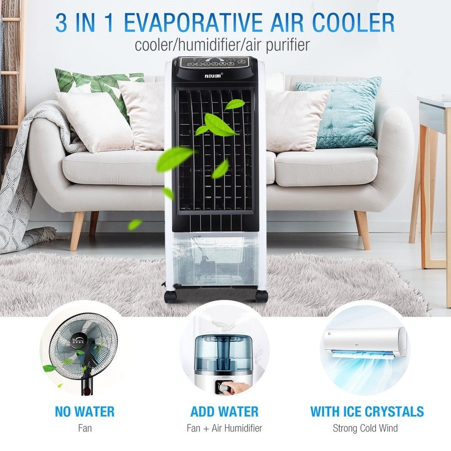 MAXKON 7L Mobile Evaporative Air Cooler Fan Humidifier Air Purifier Ionizer 3 Modes with Remote Control Black