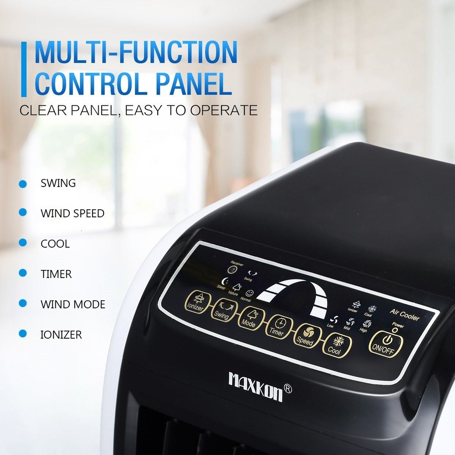MAXKON 7L Mobile Evaporative Air Cooler Fan Humidifier Air Purifier Ionizer 3 Modes with Remote Control Black