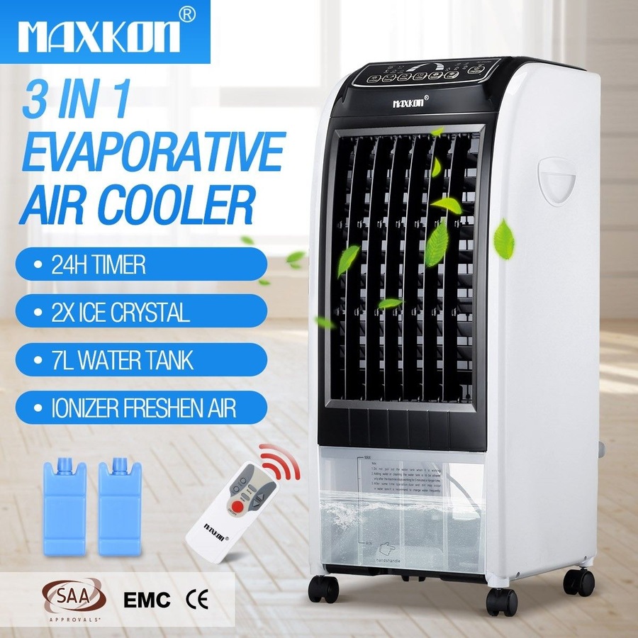 MAXKON 7L Mobile Evaporative Air Cooler Fan Humidifier Air Purifier Ionizer 3 Modes with Remote Control Black