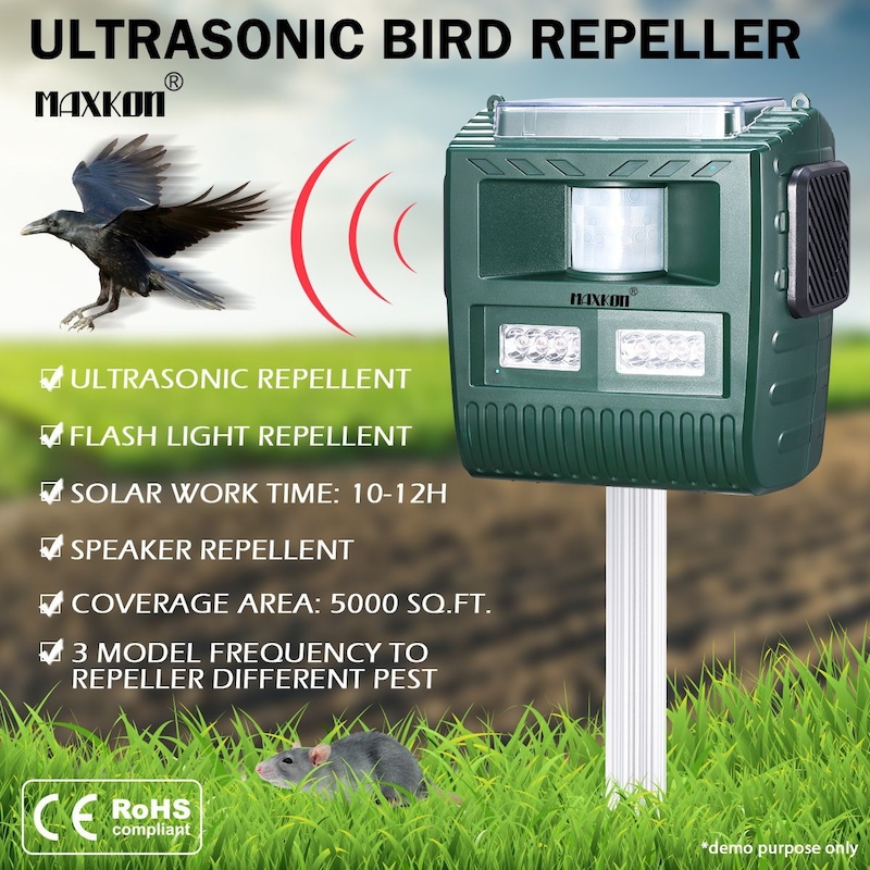 MAXKON Solar Ultrasonic Bird Animal Repeller Extra Large Pest Control ...