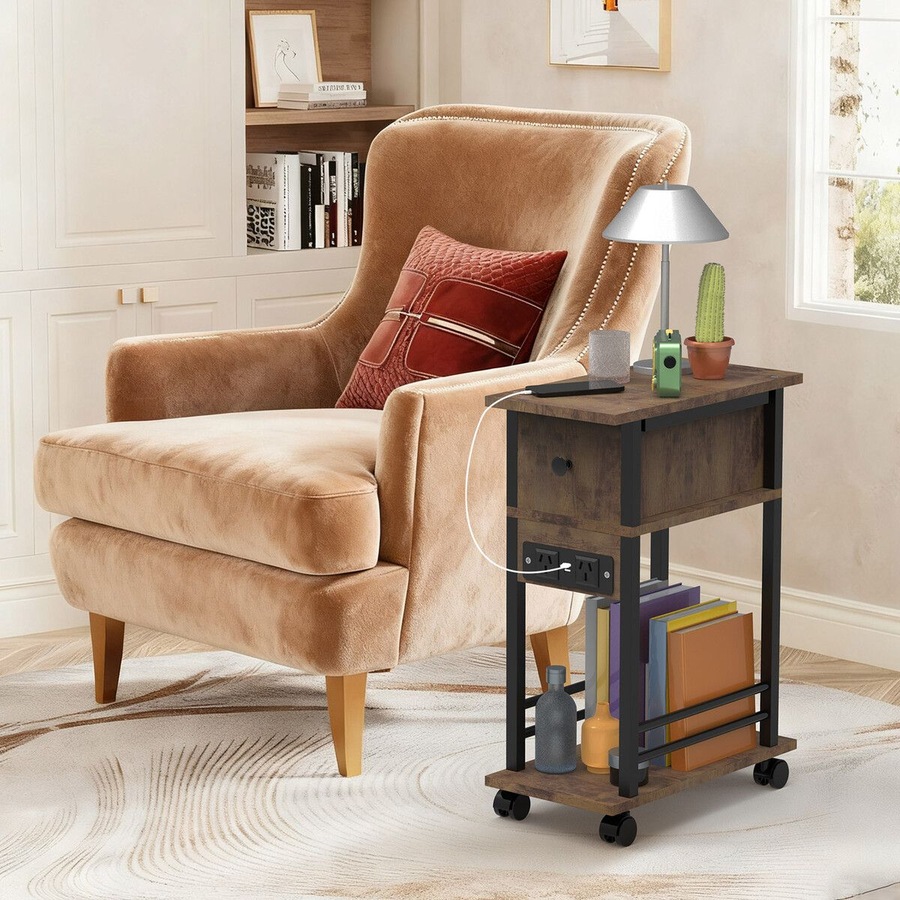 Mobile Sofa Bed Side Table Charging Station Narrow End Hall Entry Lamp Laptop Desk Coffee Couch Nightstand Storage Shelf Living Room Bedroom Furniture