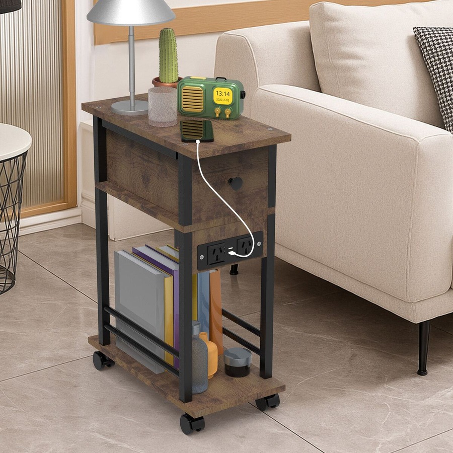 Mobile Sofa Bed Side Table Charging Station Narrow End Hall Entry Lamp Laptop Desk Coffee Couch Nightstand Storage Shelf Living Room Bedroom Furniture