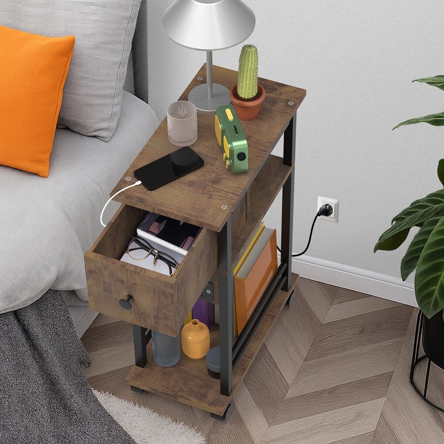 Mobile Sofa Bed Side Table Charging Station Narrow End Hall Entry Lamp Laptop Desk Coffee Couch Nightstand Storage Shelf Living Room Bedroom Furniture