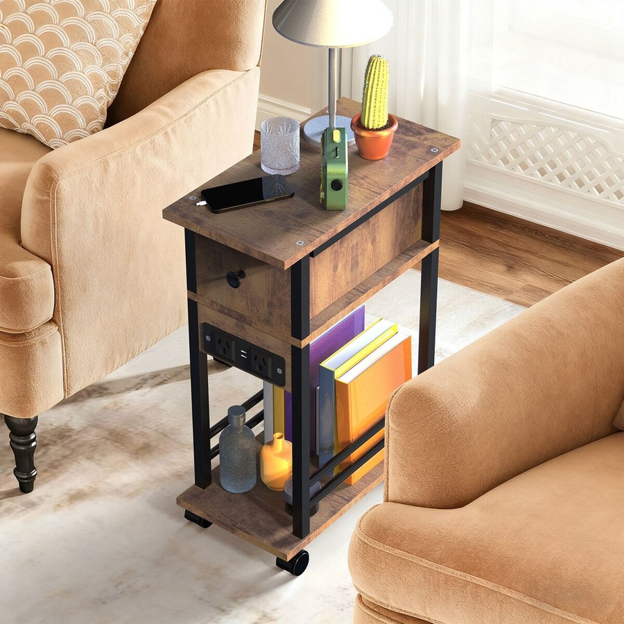 Mobile Sofa Bed Side Table Charging Station Narrow End Hall Entry Lamp Laptop Desk Coffee Couch Nightstand Storage Shelf Living Room Bedroom Furniture