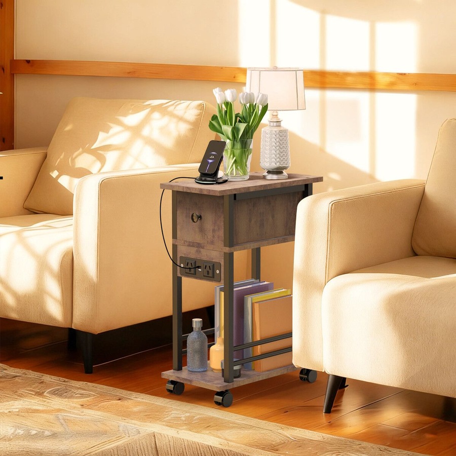 Mobile Sofa Bed Side Table Charging Station Narrow End Hall Entry Lamp Laptop Desk Coffee Couch Nightstand Storage Shelf Living Room Bedroom Furniture