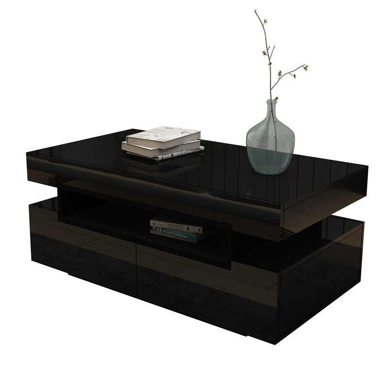 Buy Modern Black Coffee Table 4-Drawer Storage Shelf High Gloss Wood ...