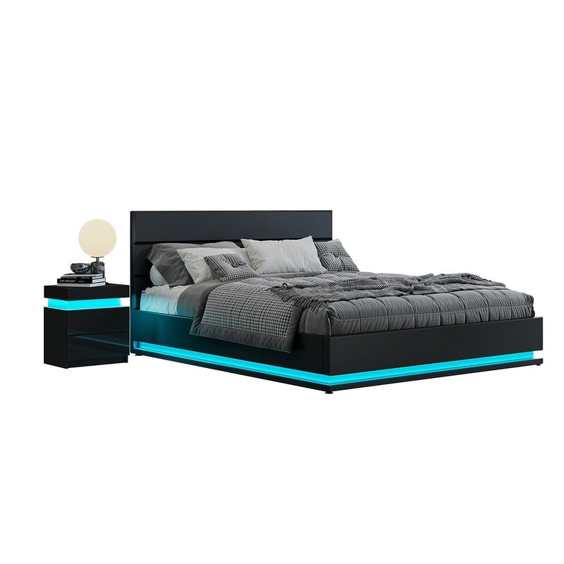 Buy Modern Black Leather Storage Bed Frame with LED Queen MyDeal