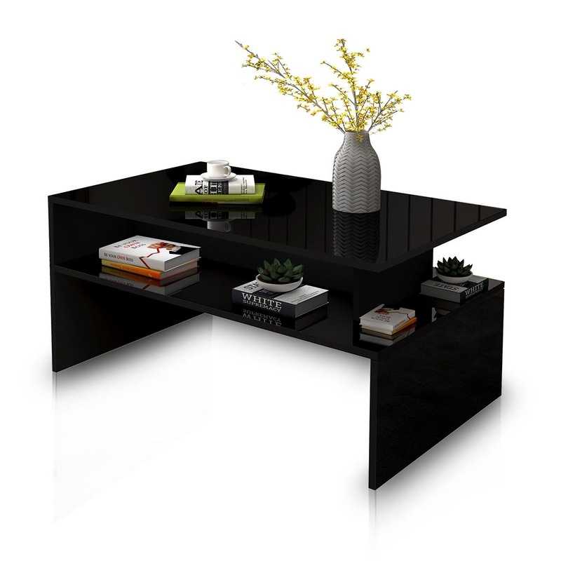 Modern Coffee Table Storage Shelf High Gloss Wood Living Room
