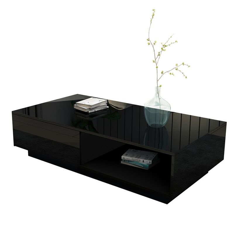 Modern Coffee Table Storage Drawer Shelf Cabinet High Gloss Wood Furniture Black