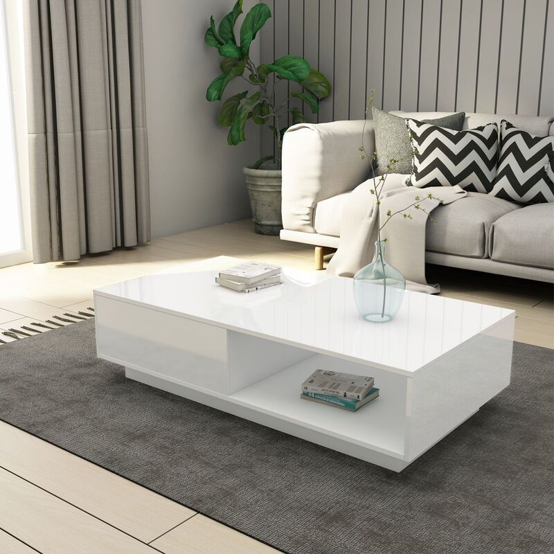 Modern Coffee Table Storage Drawer Shelf Cabinet High Gloss Wood Furniture White