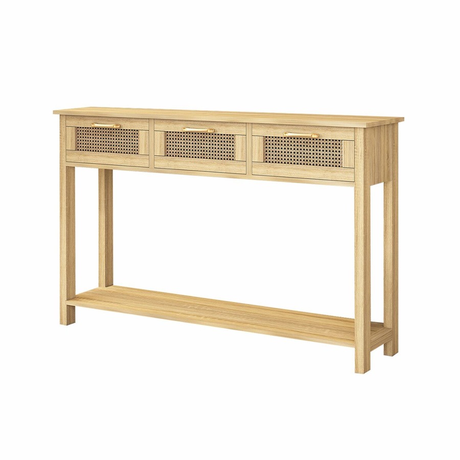 Narrow Console Table Hallway Entryway Sofa Couch Side End Accent TV Stand Home Entrance Living Bedroom Furniture Oak with Rattan Storage Drawers Shelf