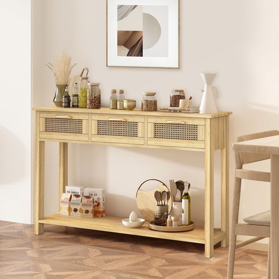 Narrow Console Table Hallway Entryway Sofa Couch Side End Accent TV Stand Home Entrance Living Bedroom Furniture Oak with Rattan Storage Drawers Shelf