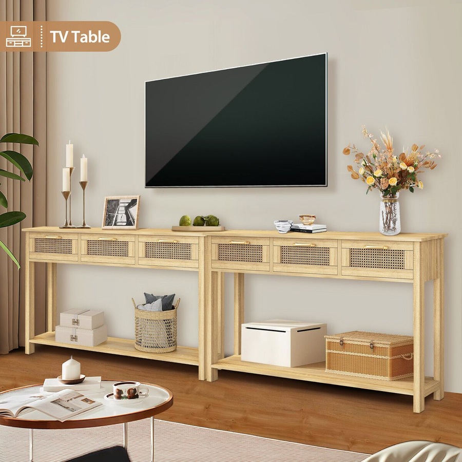 Narrow Console Table Hallway Entryway Sofa Couch Side End Accent TV Stand Home Entrance Living Bedroom Furniture Oak with Rattan Storage Drawers Shelf