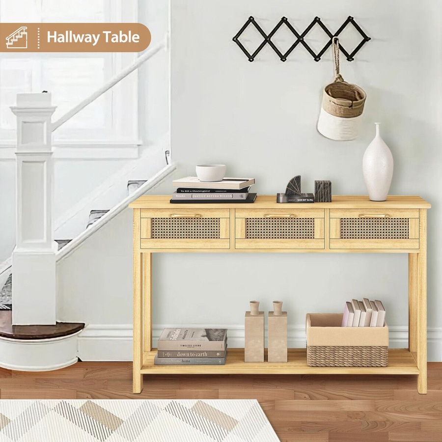 Narrow Console Table Hallway Entryway Sofa Couch Side End Accent TV Stand Home Entrance Living Bedroom Furniture Oak with Rattan Storage Drawers Shelf