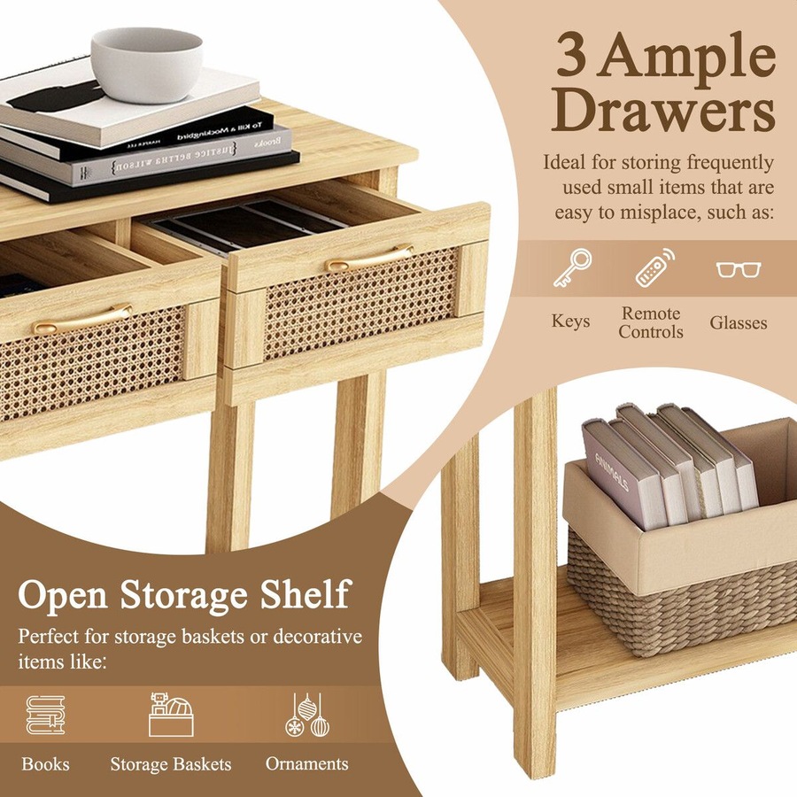 Narrow Console Table Hallway Entryway Sofa Couch Side End Accent TV Stand Home Entrance Living Bedroom Furniture Oak with Rattan Storage Drawers Shelf